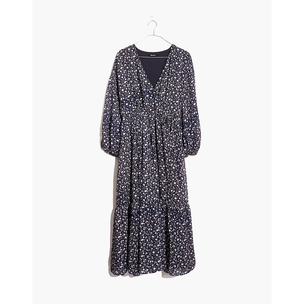 Madewell Tie-Waist Midi Dress in Harvest Vine Sz Medium Blue Tiered Cottagecore